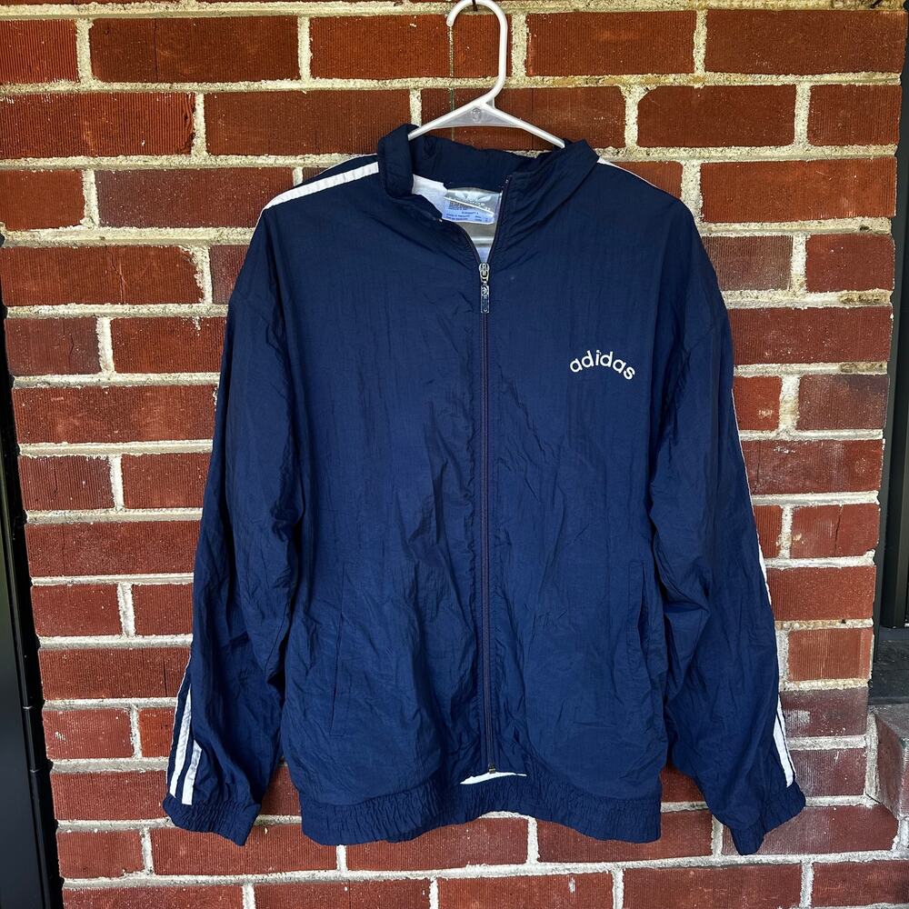 Vintage Adidas Navy Blue 3 Stripe Full Zip Windbreaker Jacket Small